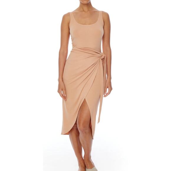 LBLC The Label Eva Side Tie Midi Wrap Dress Women's Size Large Gold Tan‎ - Picture 1 of 11